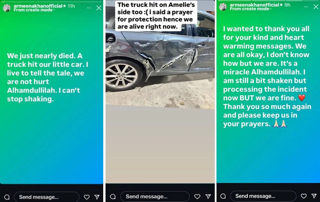 ارمینا خان کی کار کا ٹرک سے تصادم، تصاویر وائرل