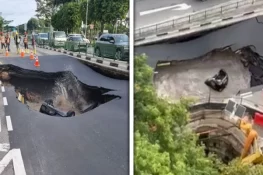 بینکاک میں سڑک کا حصہ زمین میں دھنس گیا، ہسپتال کے سامنے بڑے گڑھے کا واقعہ