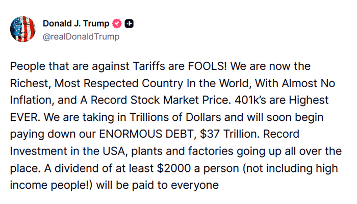 ٹیرف سے اضافی آمدن: ٹرمپ کا امریکیوں کو فی کس 2 ہزار ڈالر دینے کا اعلان